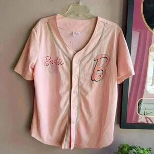 BARBIE "The future is Ours" Baseball Jersey Button Down Light Pink Size Medium